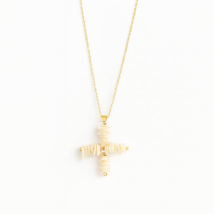 Costa- Mar Shell Cross – Handmade Statement Necklace in 18k Gold for wholesale by Lucy Andy Jewellery