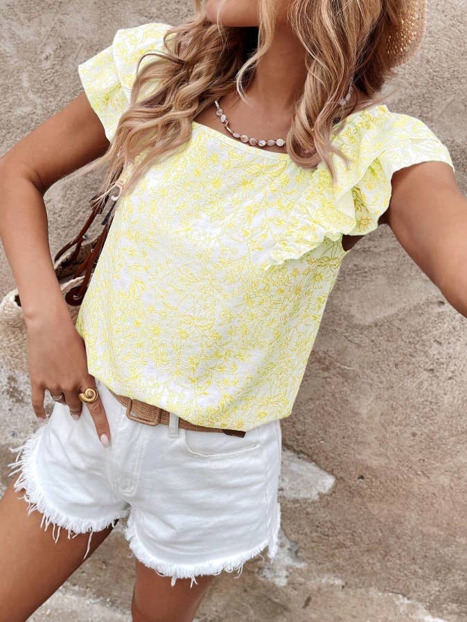 Rosa Clothing - Vente Chemisier – femme - Haut à manches à volants fleuris, encolure carrée et dos à nœud9