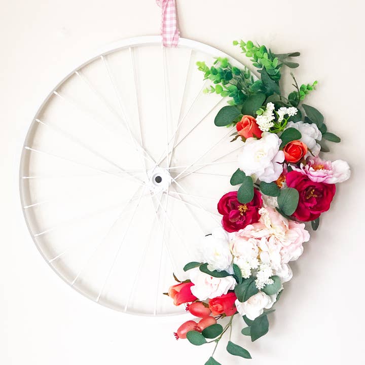 Foundations Decor - Wholesale Wreath - White Bicycle Wheel Floral Wreath (marked down)