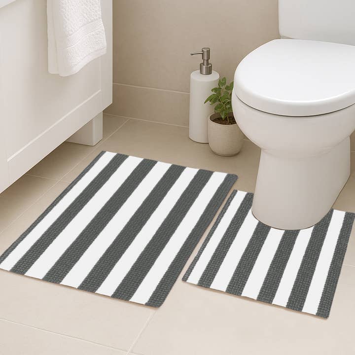 2 Piece Charcoal White Stripe Soft Chenille Bath Mat Set for wholesale by home mart goods
