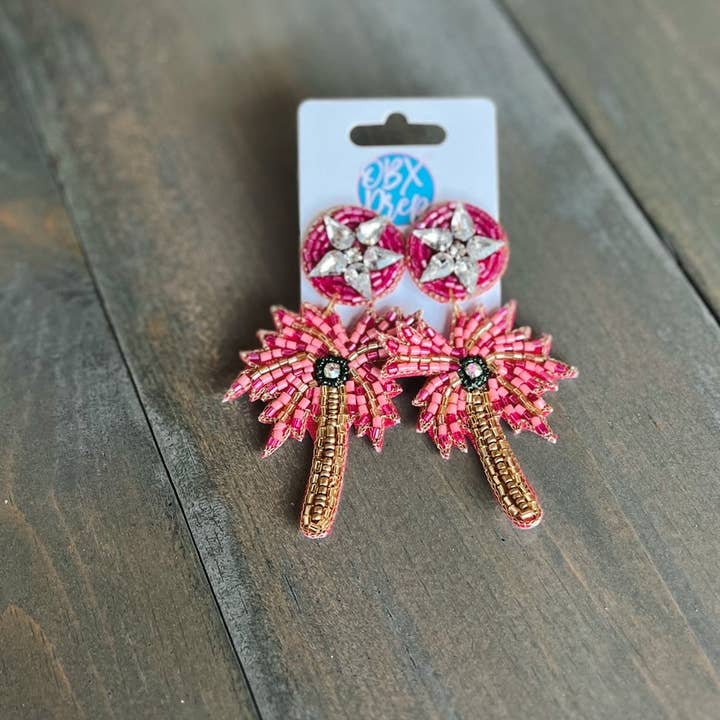 OBX Prep - Wholesale Dangle Earrings - Pink Palm Tree Seed Beaded Dangle Earrings1