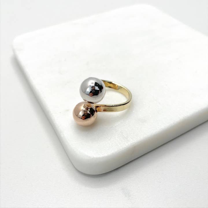 18k Gold Filled Three Tone Double Ball Adjustable Ring for wholesale by Luxus Accessories