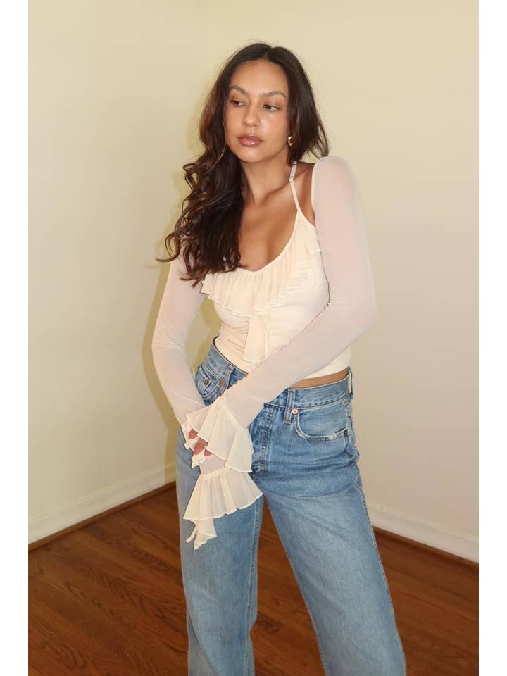 Salty - Wholesale Blouse - Women's - RUFFLE TRIM LONG SLEEVE CROP TOP15