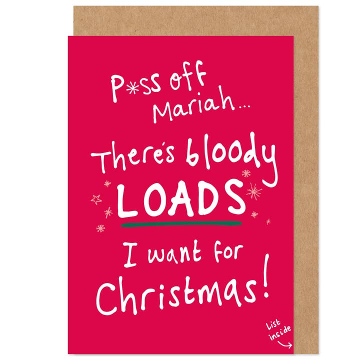 Biglietto natalizio divertente Mariah Carey All I Want For per la vendita all'ingrosso da parte di Bow & Bell