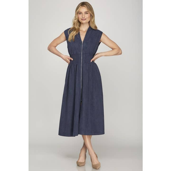 Suede Drop Shoulder Smocked Waist Midi Dress for wholesale by BNS