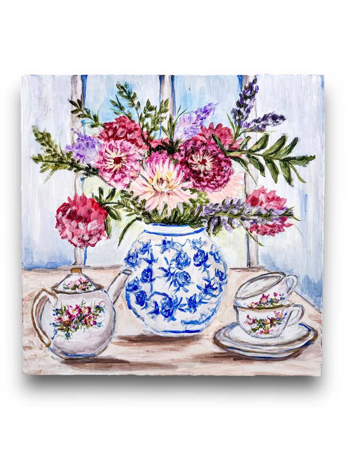 Zinnia Tea set and Chinoiserie Vase Art Print for wholesale by Pooja Roy Studio
