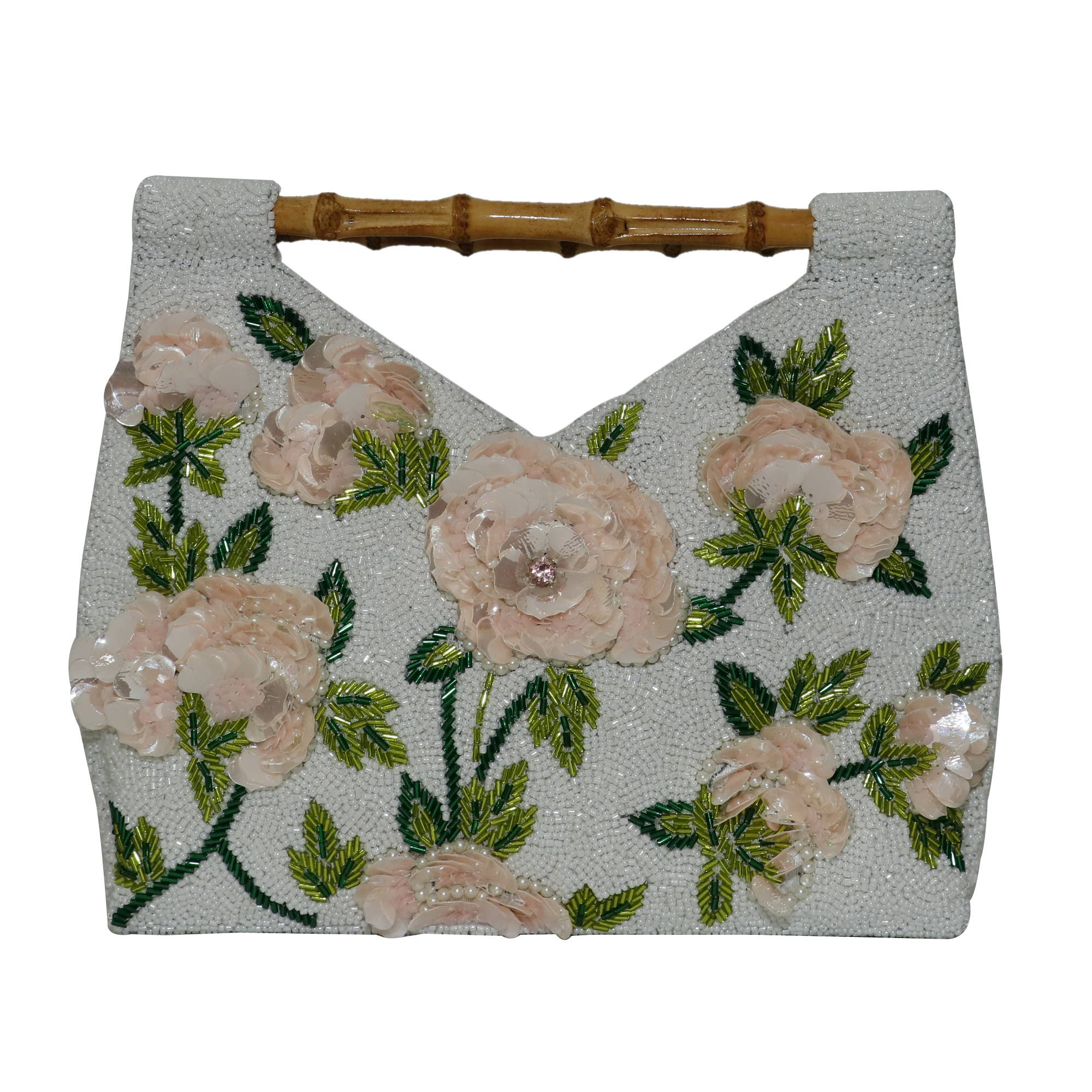 Tiana Designs – Engroshandel Clutch - Dame – Hvid baggrund blomsterudskæring bambushåndtag taske lim/emer0