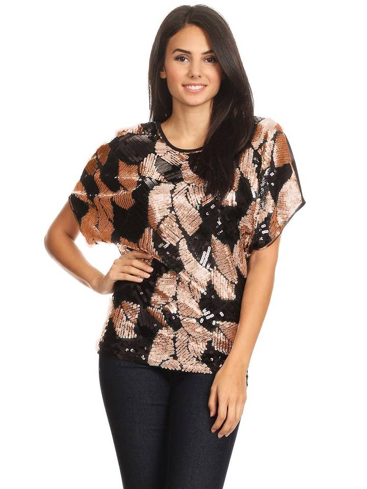 Womens Loose Fit Sequin Dolman Sleeve Evening Blouse Top for wholesale by Anna Kaci Wholesale