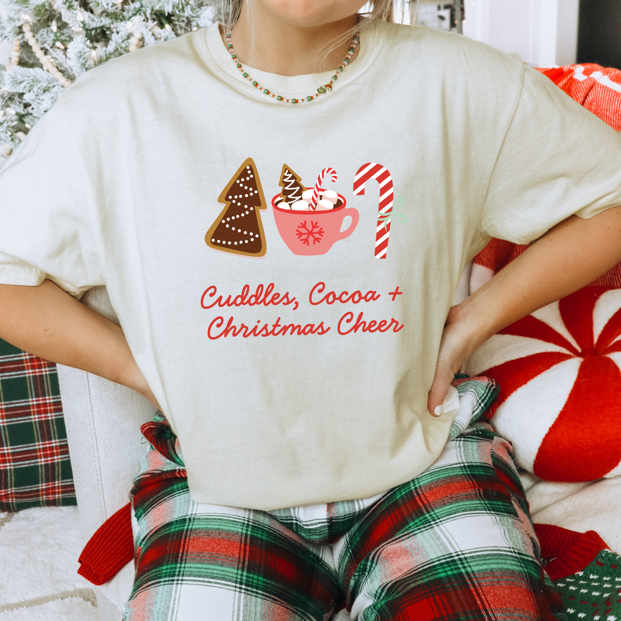 White  Cuddles Cocoa and Christmas Cheer T-Shirt for wholesale on Faire4