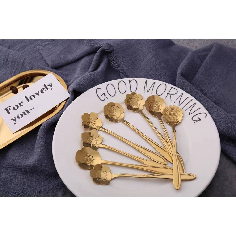 AULICA - Wholesale Table Spoon (Cutlery) - Assorted golden flower dessert spoons - set of 63