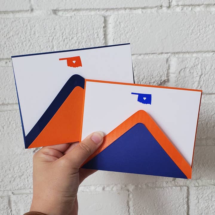 Oklahoma Blue / Orange || Foil Stamped Flat Notecard Set for wholesale by Chirps and Cheers