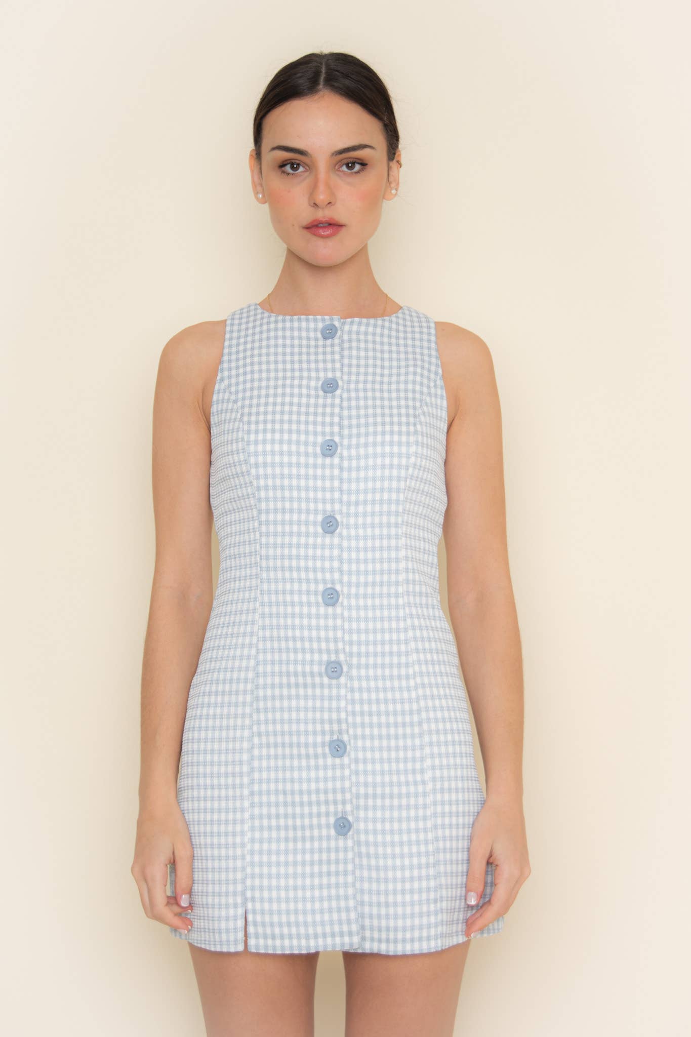 Fore Collection - Wholesale Dress - Women's - GINGHAM CHECKER BUTTON CLOSURE TANK MINI DRESS-DI9935FO23