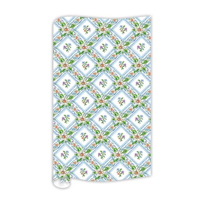 Carta da regalo a reticolo incantato floreale blu dipinta a mano per la vendita all'ingrosso da parte di RosanneBeck Collections