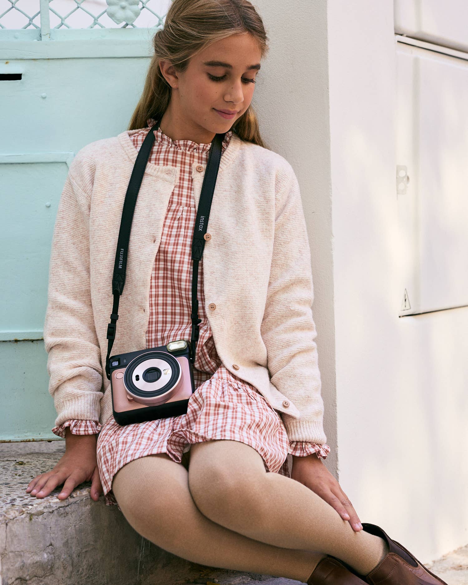 Dadati - Wholesale Dress - Kids - Orange-white checkered dress with long puffed sleeves9