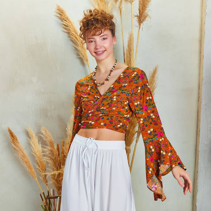 Los Banditos - Wholesale Blouse - Women's - Yellow Flower Gypsy Style Bell Sleeve Crop Top