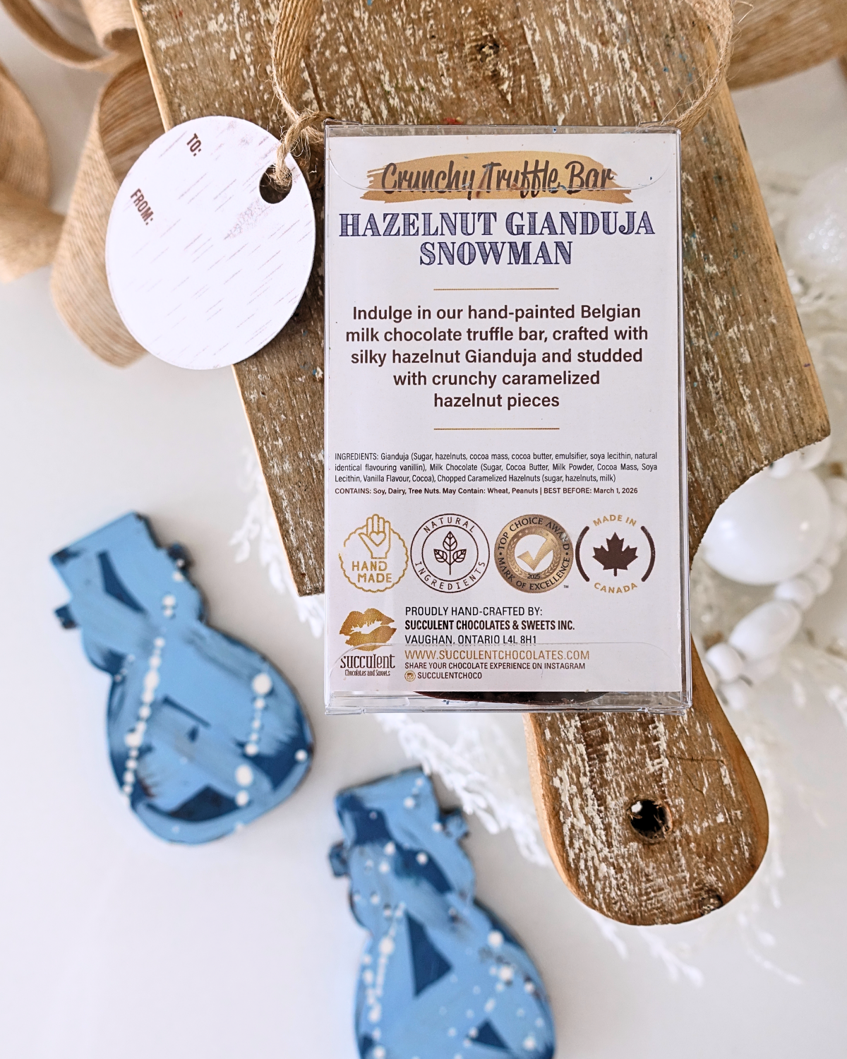 Succulent Chocolates & Sweets Inc - Wholesale Chocolate Box - Crunchy Hazelnut Gianduja Snowman (Ornament Box)2