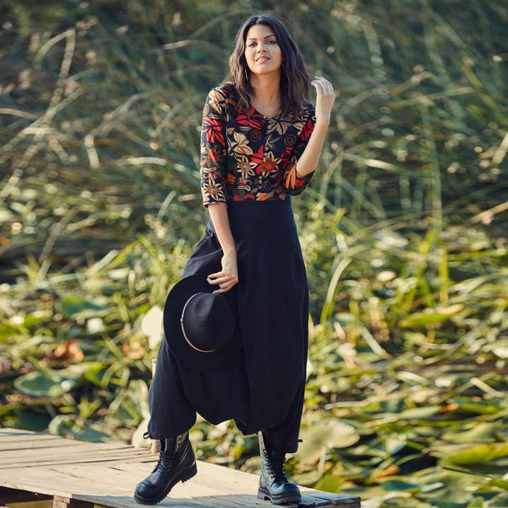 Elastisk talje Wrap Front Boho Gypsy stil sort haremsbukser for engroshandel hos Los Banditos