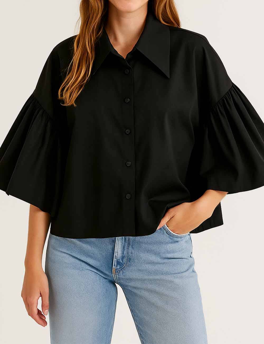 Sweetkama – wholesale Buttoned-down shirt – Women's – Ladies Striped Puff Sleeves Button Shirt SP06817
