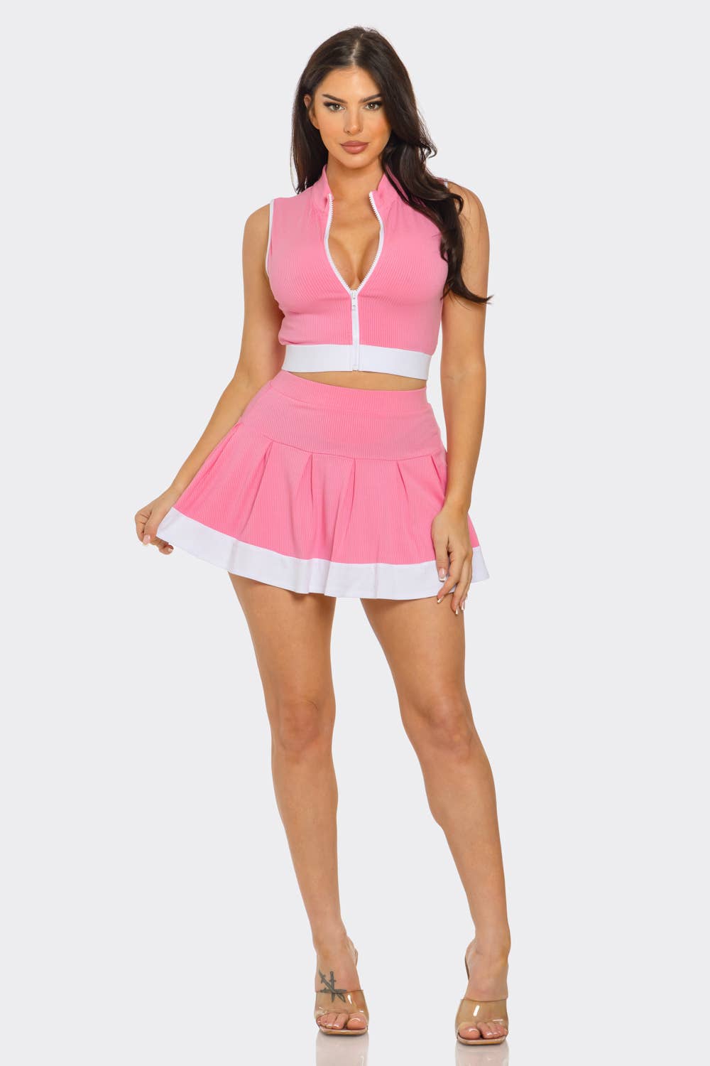 Julia by LoveJ - Wholesale Top & Skirt Set - Women's - Front Zipper Crop Top And Pleated Mini Skirt Set 8