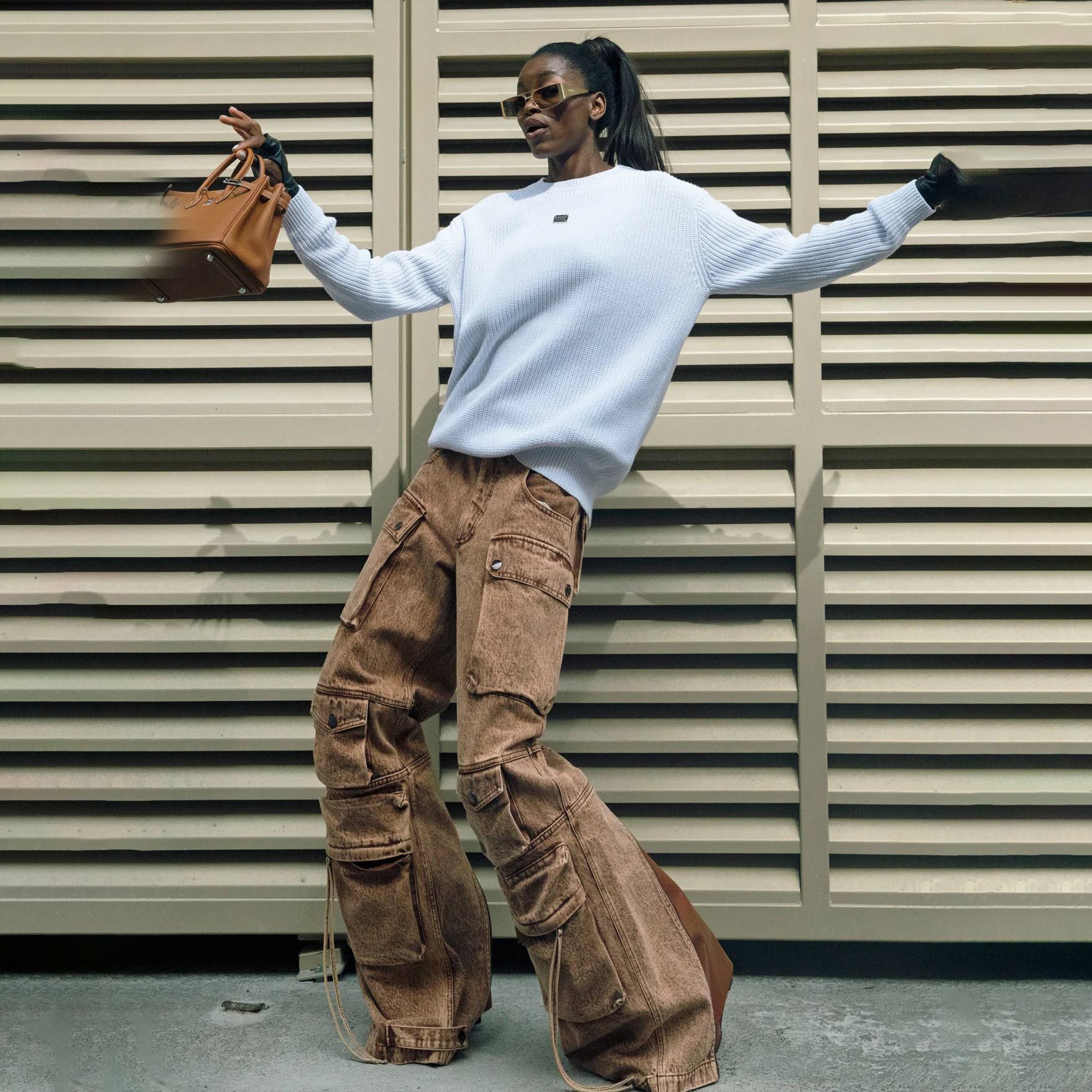 Brown Pocket patchwork jeans straight high waist vintage zipper  for wholesale on Faire3