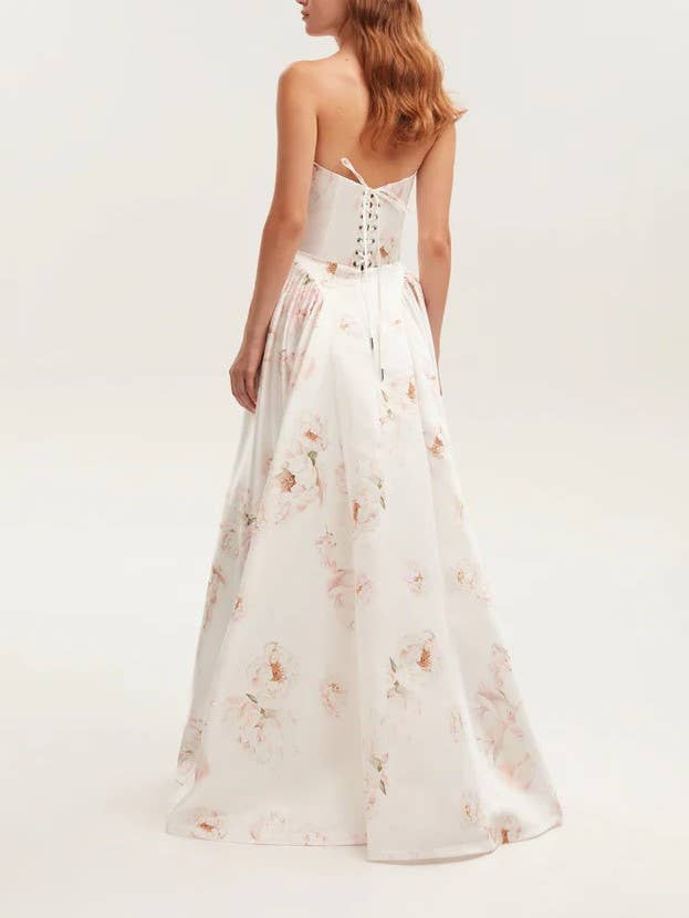 Rosa Clothing - Wholesale Dress - Women's - Elegant Strapless Floral Maxi Dress4