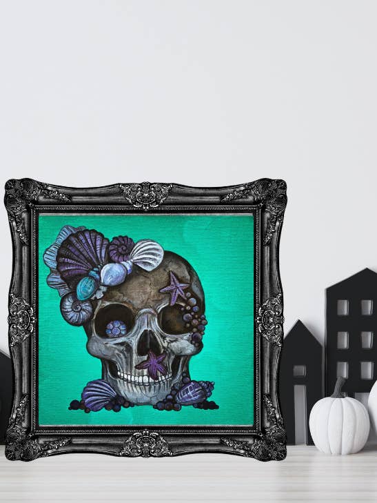 Pintura de calavera de Halloween regalo para anfitriona de fiesta de Halloween con conchas para venta al por mayor de Paula Freeman Art