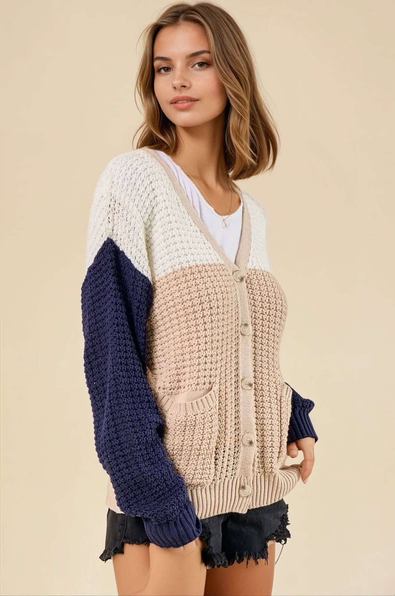 Sand Navy Colorblock Sweater Cardigan - 10139J for wholesale on Faire2