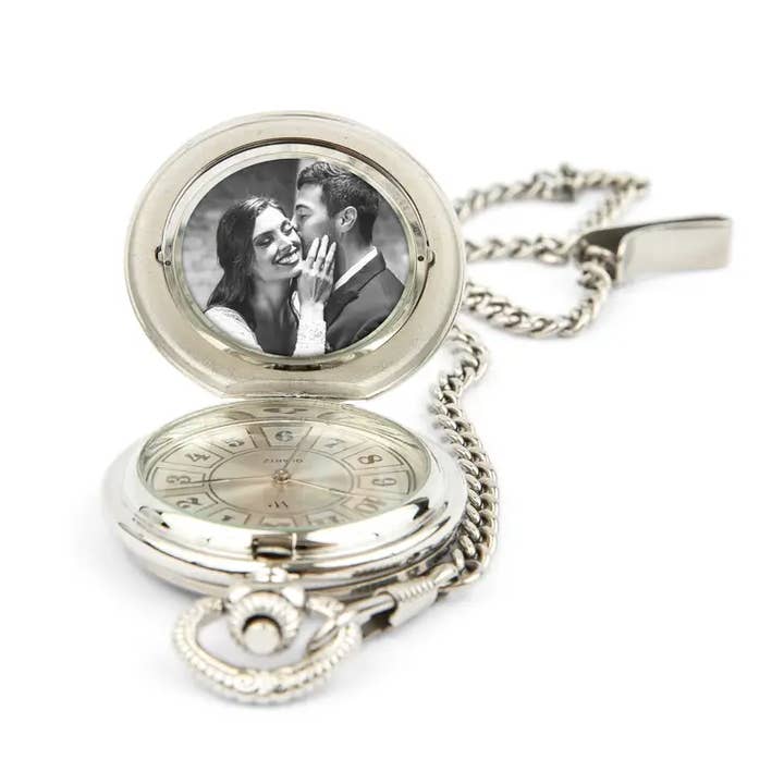 Weddingstar Inc. – Großhandel Taschenuhr – Herren – Silberne mechanische Taschenuhr mit Foto und Anhänger, Blanko