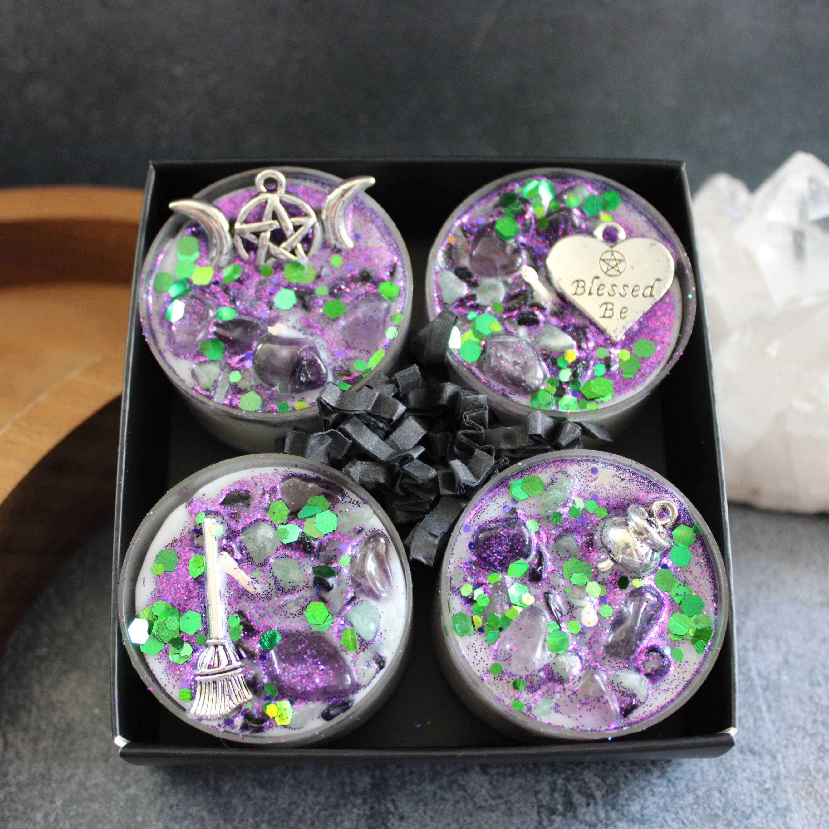 Moondust and Raven – wholesale Tea light candles – Witchy Woman Tealight Crystal Candles, Ritual Candles1