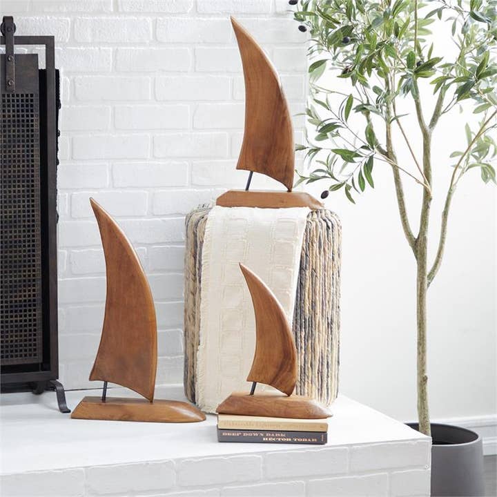 Teak Wood Sail Boat Decorative Home Decor - Set of 3 for wholesale by Will's Company
