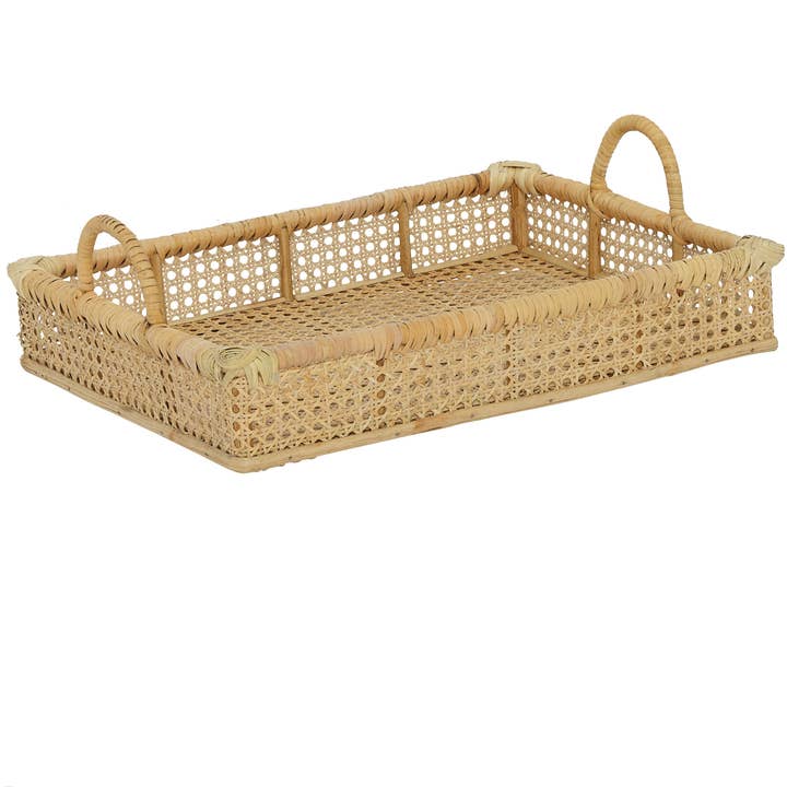 Handmade Rectangle Woven Rattan and Cane Tray with Handles for wholesale by Amara
