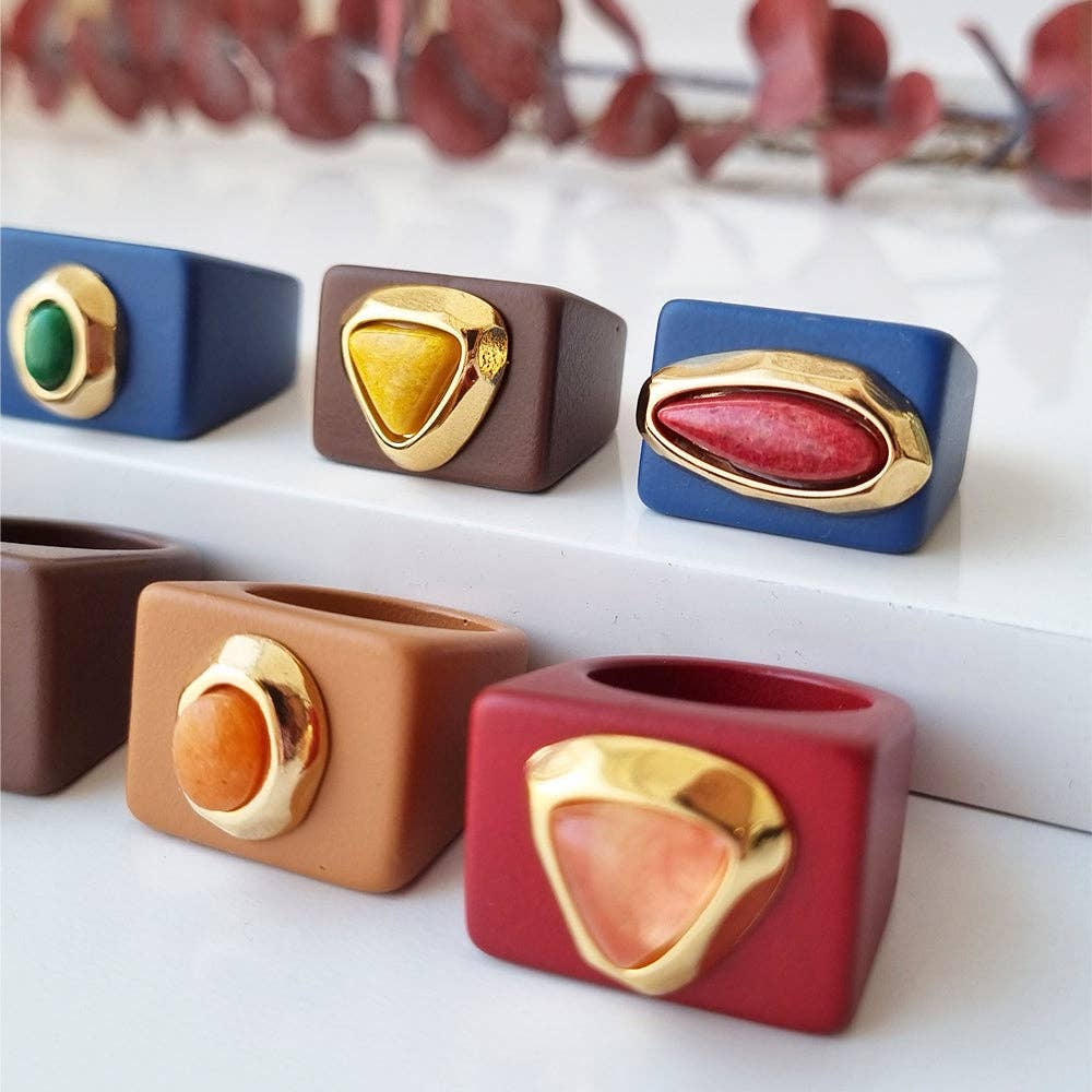 ÉMOLO - Wholesale Cocktail/Statement Ring - Brown ring with gold and rose quartz [LATTE]7