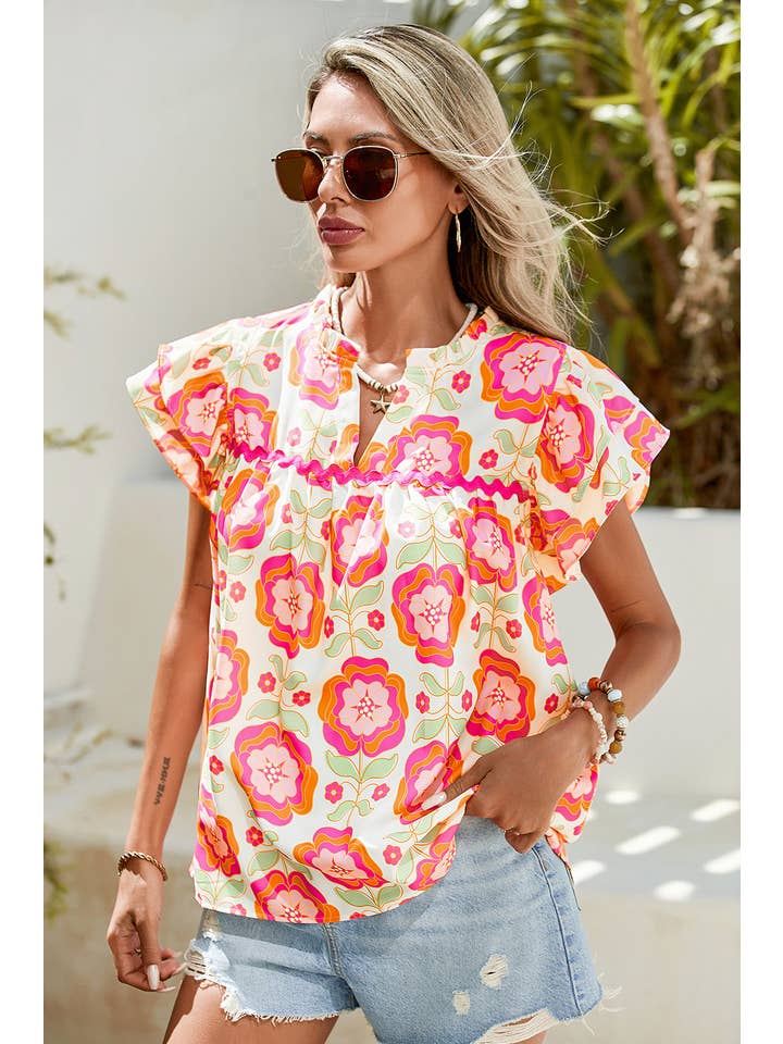 Rose LDC Boho Floral Print Ricrac Ruffle Sleeve Blouse for wholesale on Faire