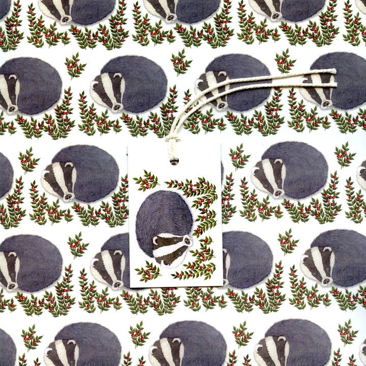 Christmas Snowy Badger Gift Wrap and Tags for wholesale by Rie Designed