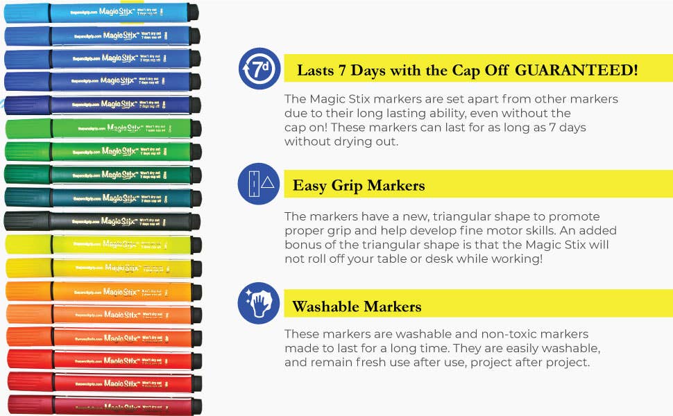 TPG Creations / The Pencil Grip - Wholesale Markers - Kids & Baby - Magic Tri Stix 12 Color - Cap Off for 7 Days TPG-3958