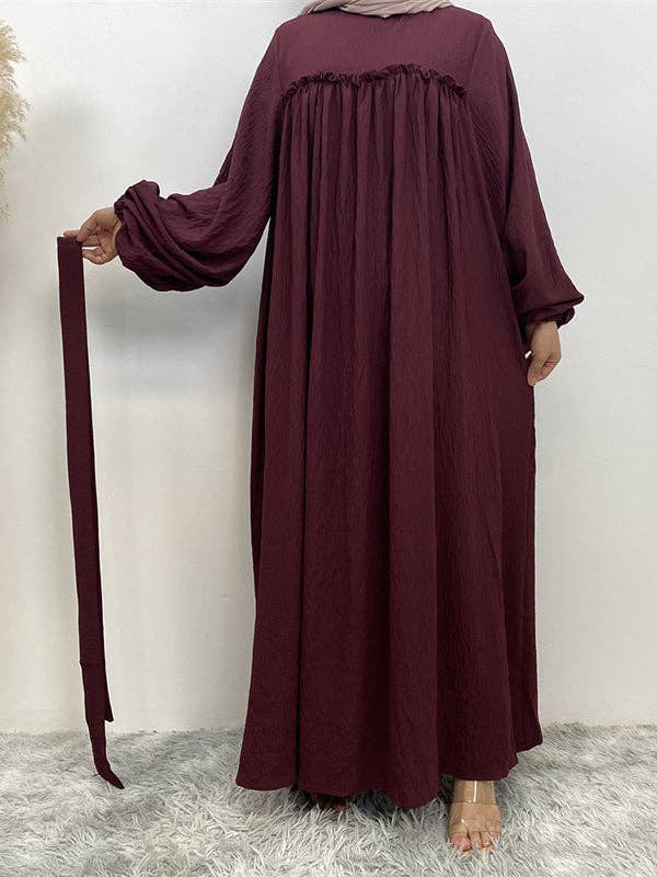 StyleGalX - Wholesale Jurk - Dames - Elasticiteit met lange mouwen en bisschopmouwen, geplooide, effen kleur, gespleten taille, ronde hals, maxi-jurken19