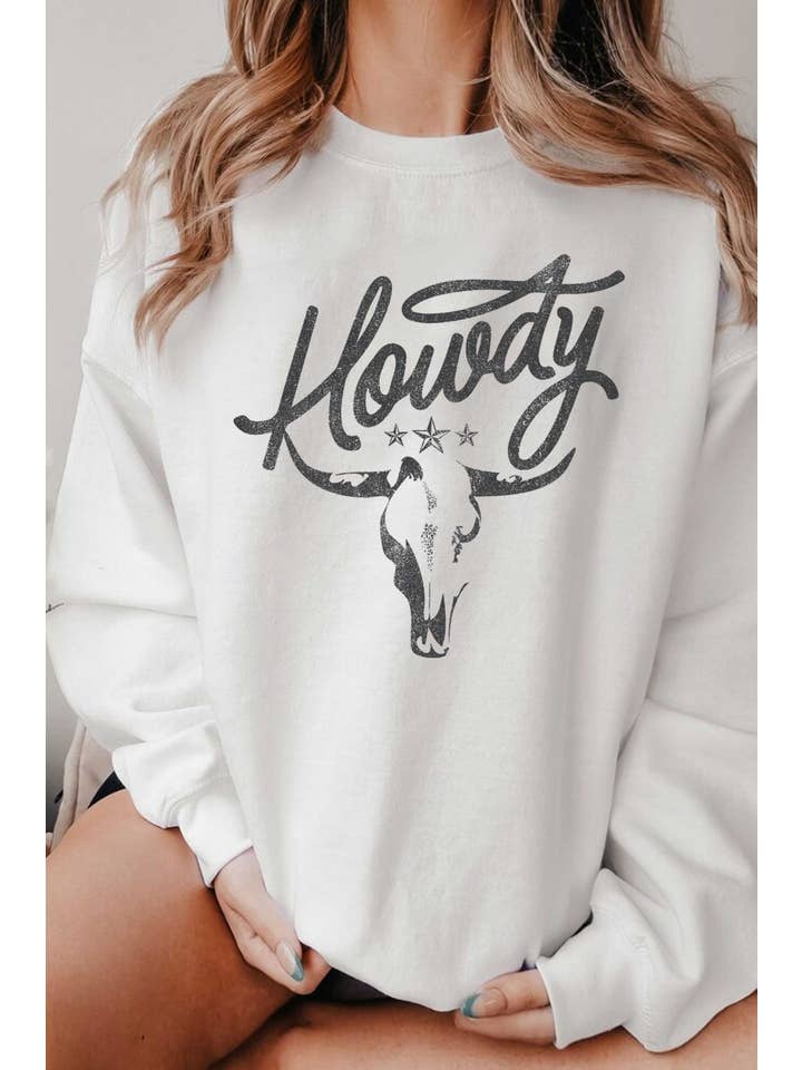 Rustee Clothing - Wholesale Graphic Sweatshirt - Women's - HOWDY COW SKULL GRAPHIC BRUSHED SWEATSHIRTS
