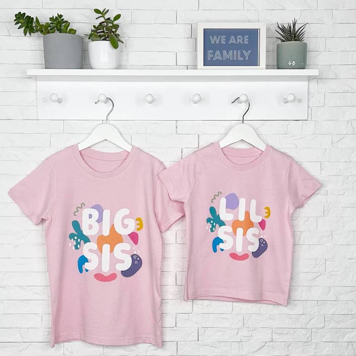 Conjunto de camiseta rosa brillante abstracta Big Sis Lil Sis para venta al por mayor de Lovetree Design