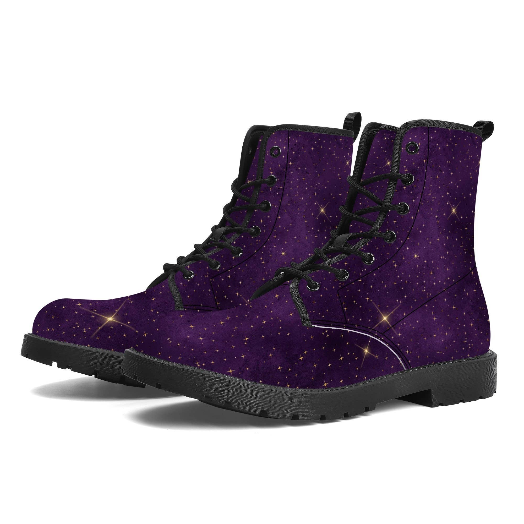 Raiana's Vibes - Wholesale Combat/Military Boots - Women's - Purple Galaxy Women's Boots, Vegan Leather, Chakra Boots, Handcrafted Boots, Combat Boots, Rave Outfit, Trippy Hippie, Galaxy Mens Boots7