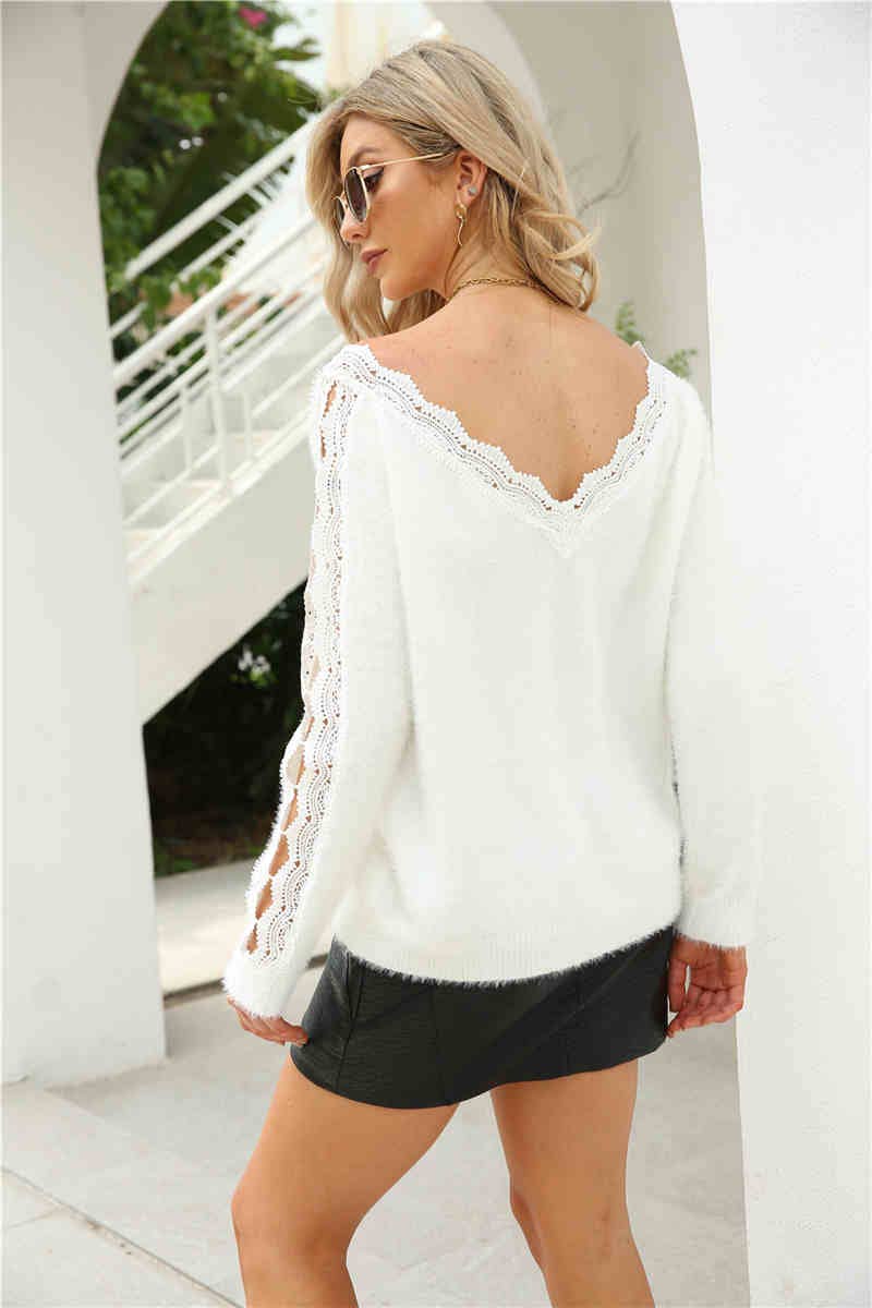 ePretty - Vente Pull en maille – femme - EP-SW7097 Pull à bordure en dentelle floue9