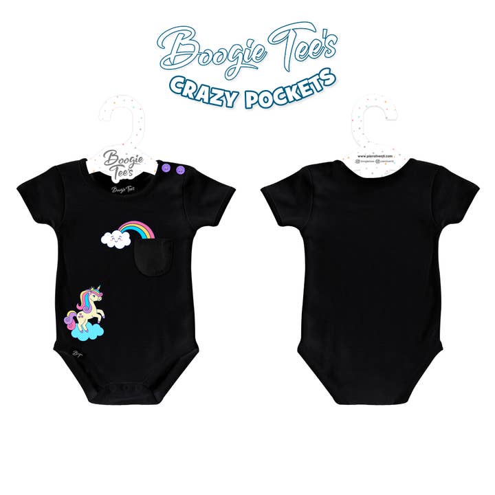 T-shirt Boogie nera Unicorn Crazy Pocket con bottone viola per la vendita all'ingrosso da parte di Boogie Toes