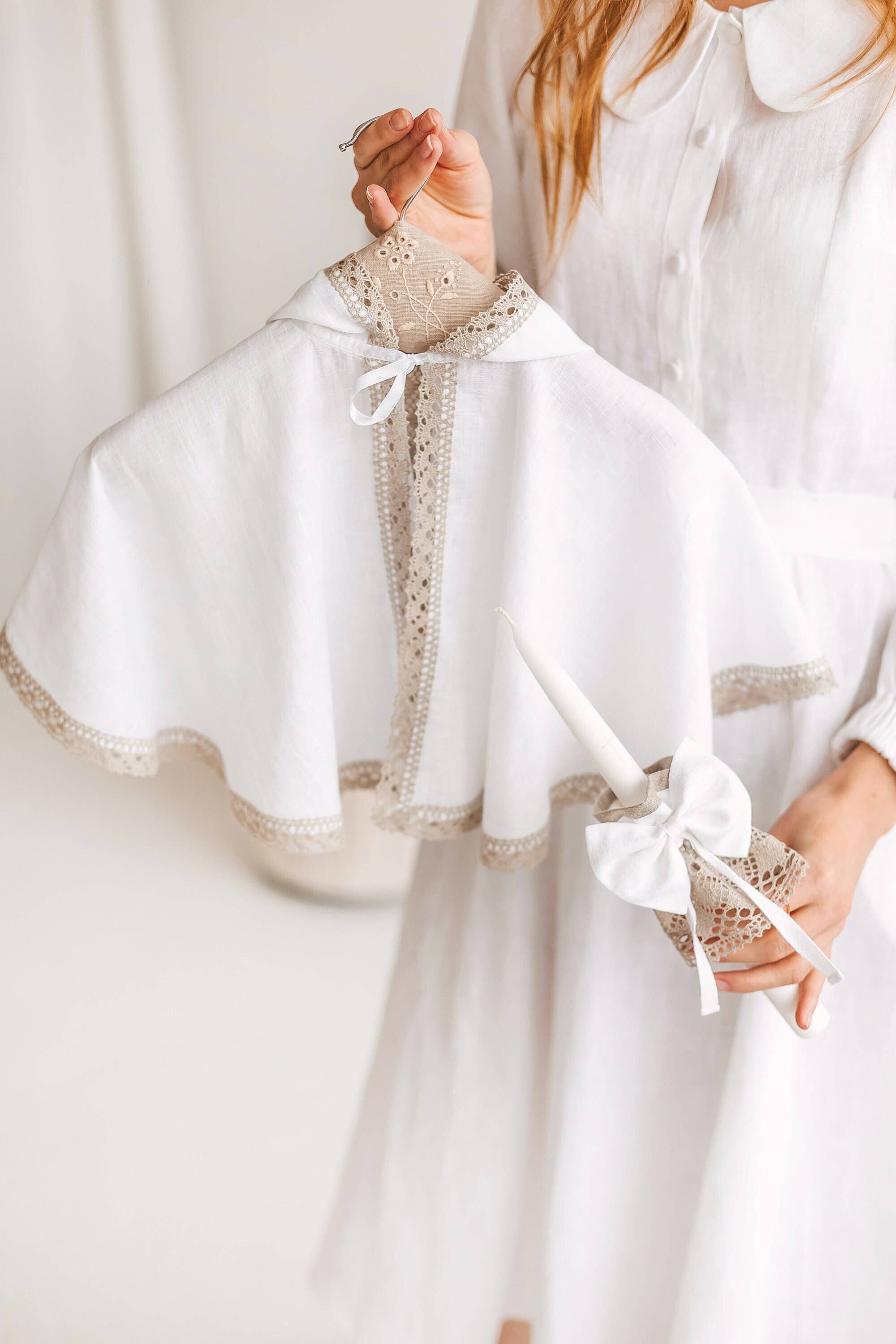 Matrinna - Wholesale Tapered Candle/Candlestick - White Baptism Candle with Linen Decoration and Golden Cross0