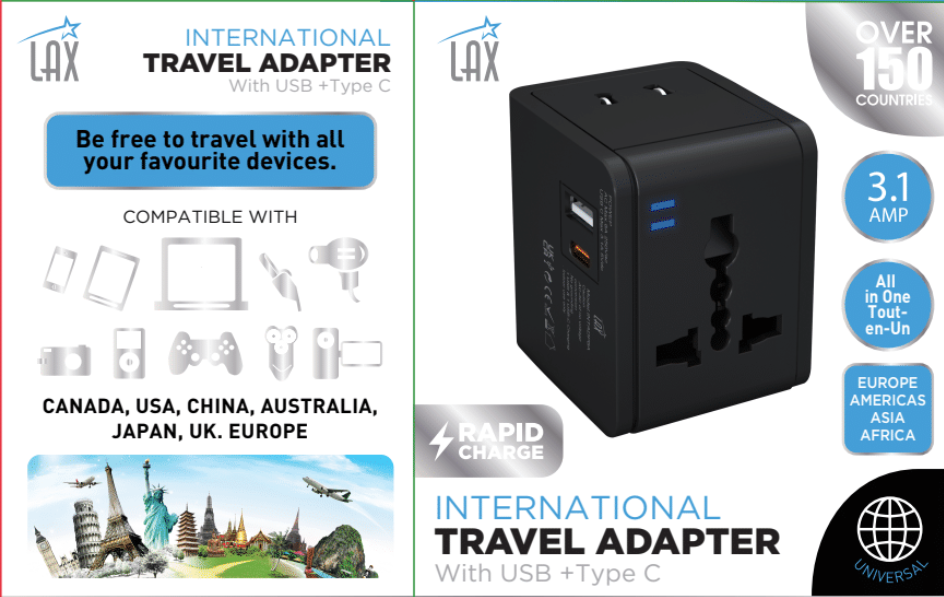 LAX Gadgets - Wholesale Power Adapter - Travel Adapter with 1x USB-C 3.1A 5V and 1 USB - Retail Pack3