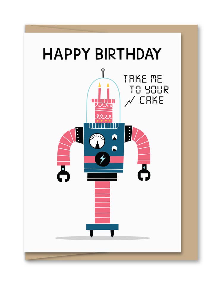 Mini Cake Bot (Enclosure-sized Birthday Greeting Card) for wholesale by Maginating
