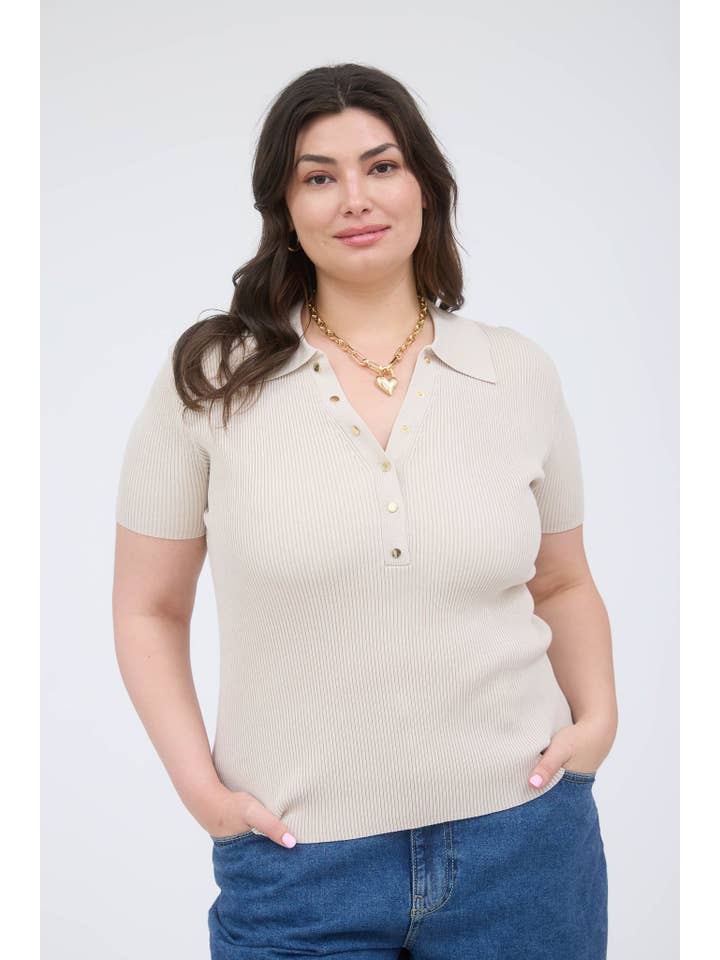 The Workshop Studio - Wholesale Knit Top - Women's - PLUS GOLD SNAP BUTTON SWEATER KNIT POLO26