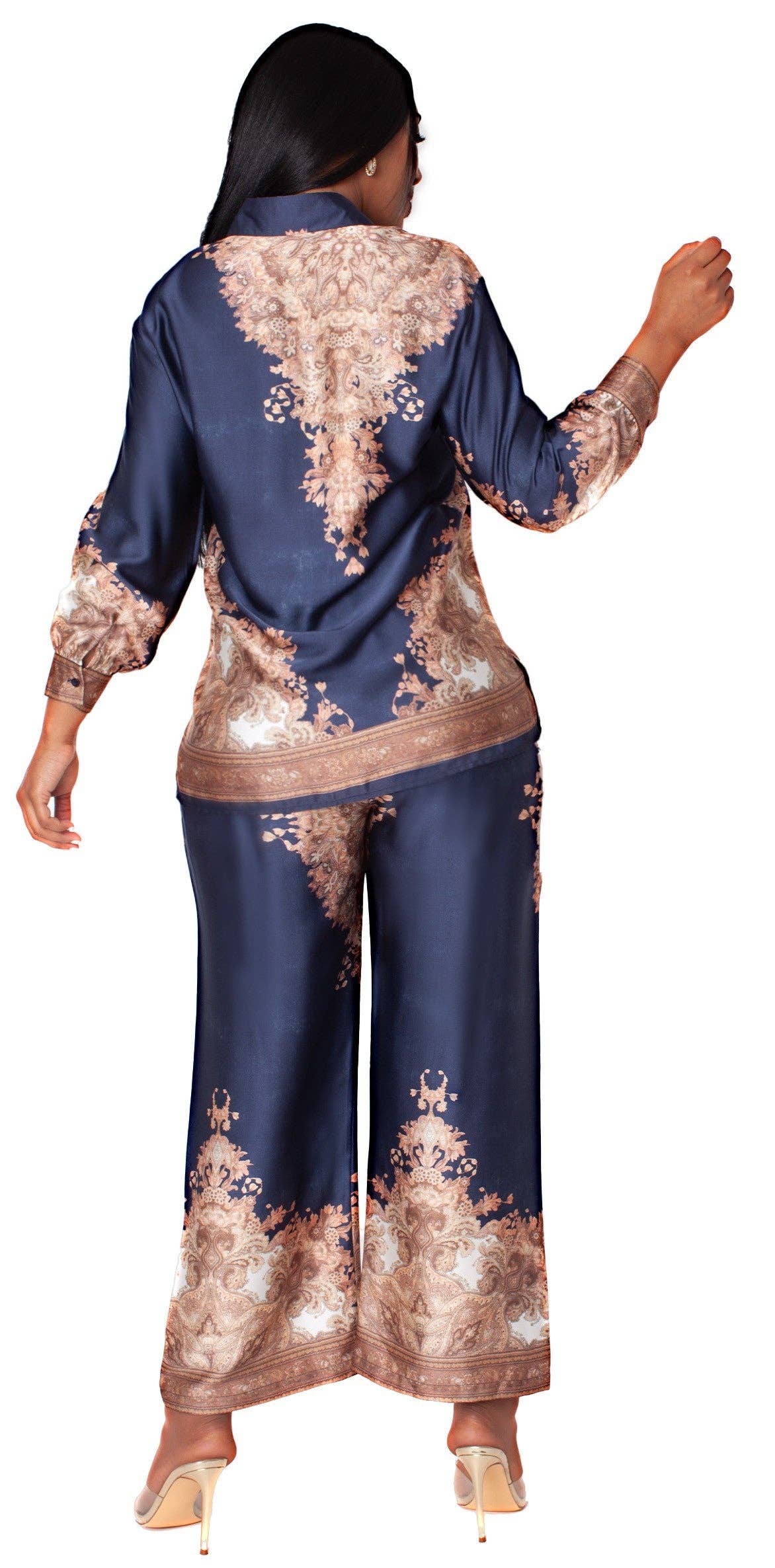 For Her NYC - Wholesale Top & Pant Set (NOT Loungewear) - Women's - Baroque Print Satin Pant Set -828951