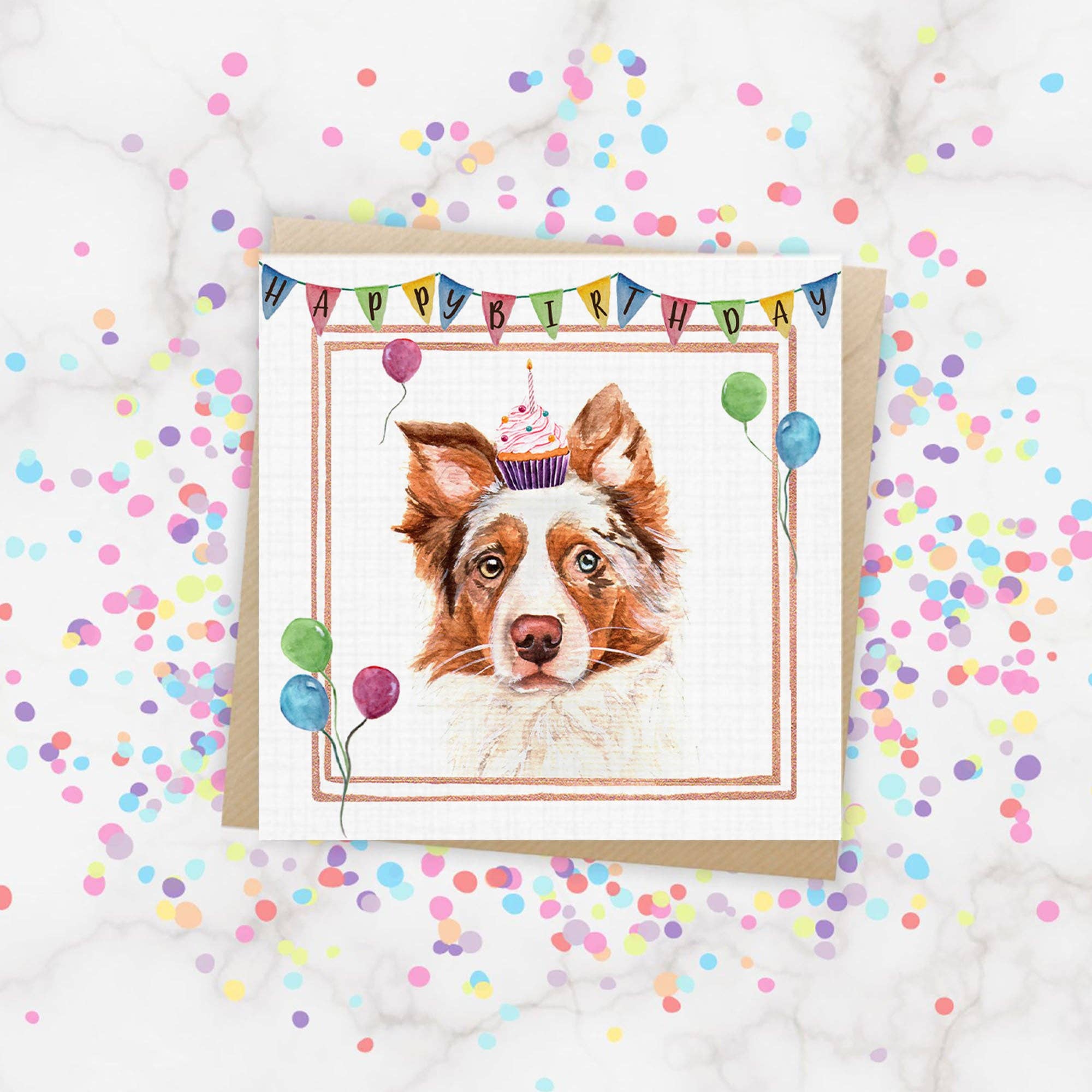 Cloud Jellybean Art – postal de parabéns por atacado – Cartão de dia de aniversário Red Merle Border Collie1