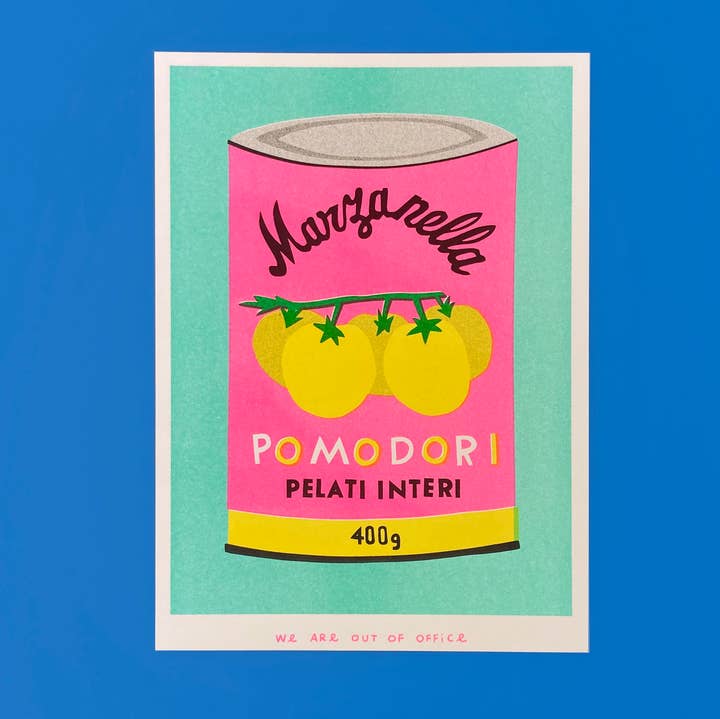A risograph print of a can of pomodori for wholesale by We are out of office