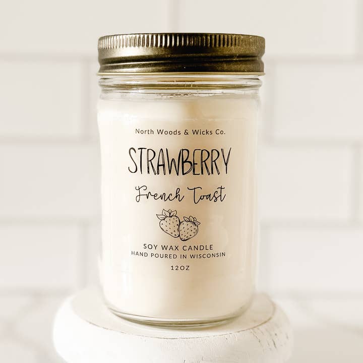 North Woods & Wicks Co - Vente Bougie en bocal - Bougie de soja 12oz Parfum Pain Perdu à la Fraise0