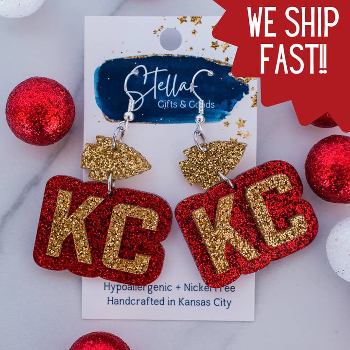 KC Football - Glitter KC Arrowhead Drops Kansas City Red Gol for wholesale by Stellar Gifts & Goods Wholesale